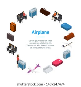 Airplane Interior Elements with People Banner Card Circle Isometric View Include of Plane Seat, Staff and Passenger. Vector illustration of Jet