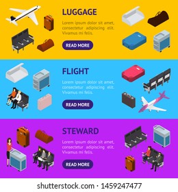 Airplane Interior Elements with People Banner Horizontal Set Isometric View Include of Plane Seat, Staff and Passenger. Vector illustration of Jet