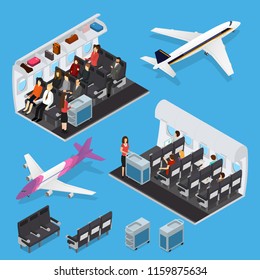 Airplane Interior Elements with People Isometric View Include of Plane Seat, Staff and Passenger. Vector illustration of Jet