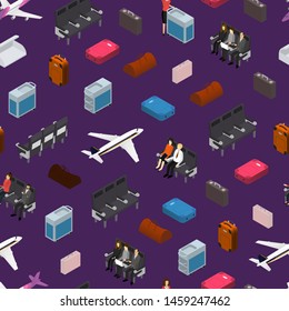 Airplane Interior Elements with People Seamless Pattern Background Isometric View Include of Plane Seat, Staff and Passenger. Vector illustration of Jet