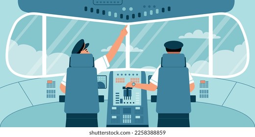 Airplane interior flat concept with pilots in cabin vector illustration