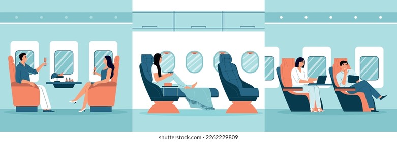 Concepto plano interior del avión con pasajeros en primera clase y en la clase económica de ilustración vectorial