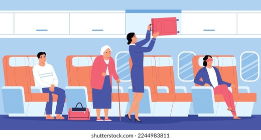 Concepto plano interior del avión con joyas y ilustración vectorial de pasajeros