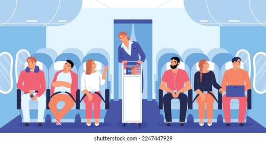 Airplane interior flat concept with stewardess in economic class vector illustration