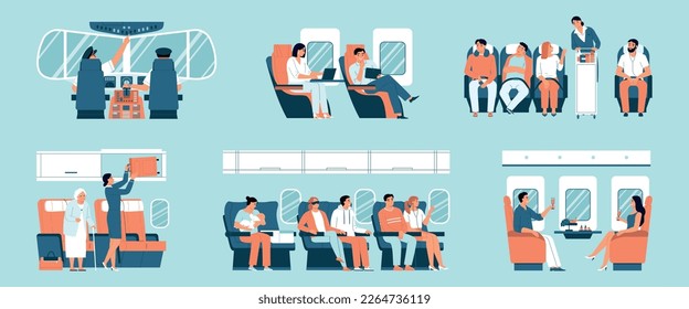 Iconos planos del interior del avión instalados con pasajeros y personal de aeronaves ilustración vectorial aislada