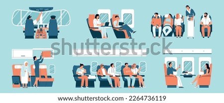 Airplane interior flat icons set with passengers and aircraft staff isolated vector illustration
