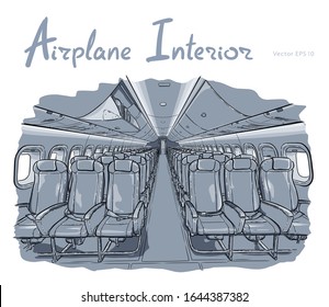 Airplane interior hand drawn sketch vector illustration
