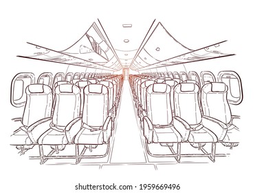 Airplane interior hand drawn sketch vector illustration