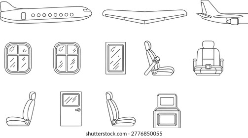 Airplane interior icons set with fuselage seats windows cabin elements