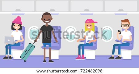 Airplane interior. Passengers boarding on a plane. Flight in the economy class. Flat editable vector illustration, clip art