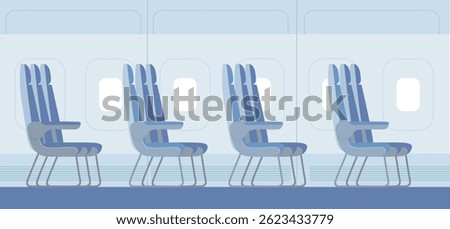 Airplane interior with seats. Windows from inside the airplane. Airplane interior design. Airplane chairs cartoon style. Flat vector illustration