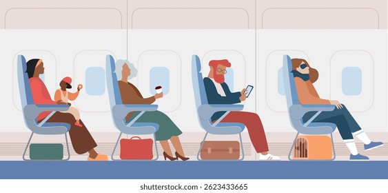 Airplane interior with traveling passengers. People travel by plane. Vector flat cartoon illustration
