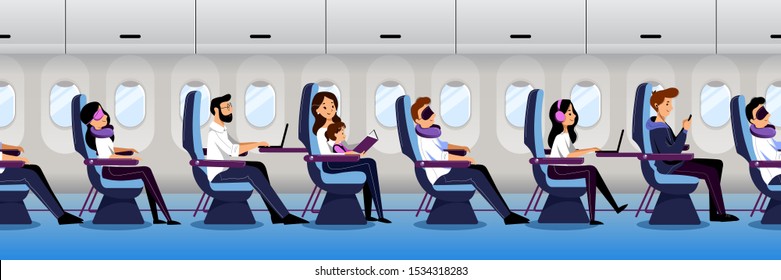 Airplane Interior With Traveling Passengers, Seamless Horizontal Background. People Travel By Plane In Economy Class. Vector Flat Cartoon Illustration.