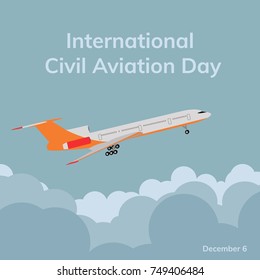 Airplane. International civil aviation day. Flat design vector illustration. Passenger airplane in flight.