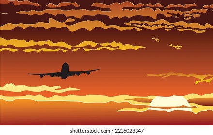 an airplane international destinations to which you can travel from the Airport is flying at sunset