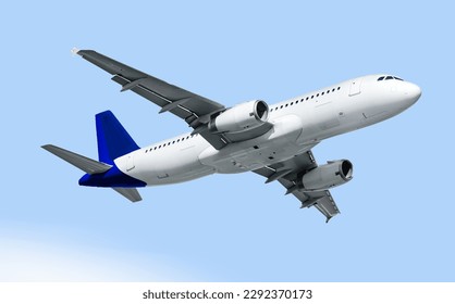 Airplane isolated on sky blue and white clouds on background. 