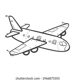 AirPlane, aislado sobre fondo blanco. Ilustración vectorial. Libro de colorear. Transporte, aire, vuelo, turismo, vacaciones, economía, clase de negocios. Cargo, vuelo global.