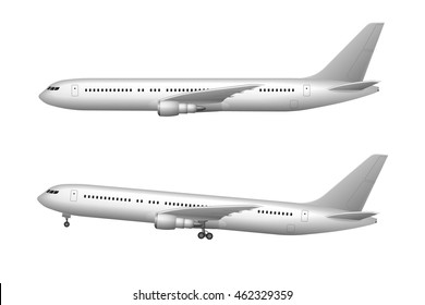 Airplane isolated on white. Realistic airplane taking off and flying. Vector illustration high detailed plane. Airline Concept aircraft Travel Passenger Jet commercial plane set.