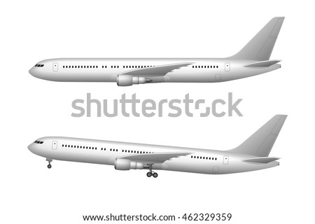 Airplane isolated on white. Realistic airplane taking off and flying. Vector illustration high detailed plane. Airline Concept aircraft Travel Passenger Jet commercial plane set.