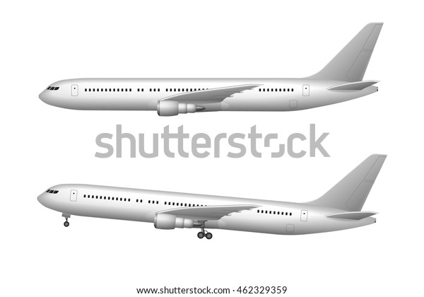 白い背景に飛行機 離陸と飛行のリアルな飛行機 ベクターイラスト 詳細な平面 航空機コンセプト航空機 旅行旅客機の商用機セット のベクター画像素材 ロイヤリティフリー