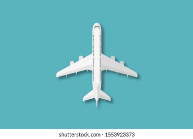 Airplane, jet, aircraft, airline realistic high detailed passenger sky business vehicle in top view. Civil aviation isolated template for tourism and travel concept design.