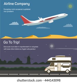 Airplane or jet aircraft, plane or airbus, passenger aeroplane in sky above desert and traveling or tourism car on road or route with houses and mill on background