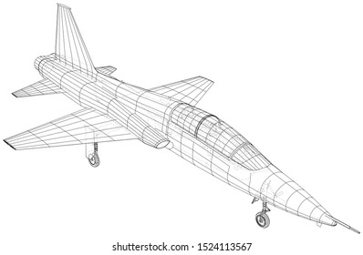 Airplane jet close-up. Vector rendering of 3d. Wire-frame.