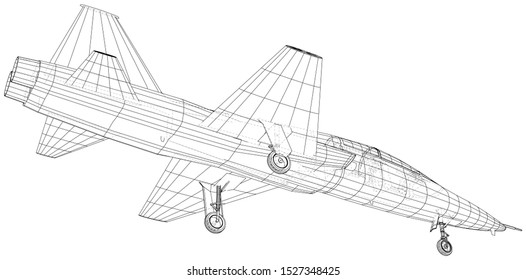 Airplane jet close-up. Vector rendering of 3d. Wire-frame.