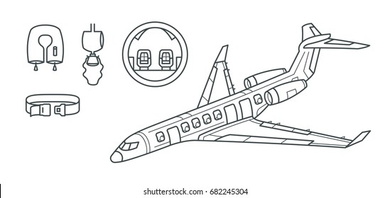 Airplane Jet Contour Linear Perspective View Illustration Instruction. Oxygen Mask, Life Vest, Safety Belt Minimal Flat Line Outline Stroke Icon.