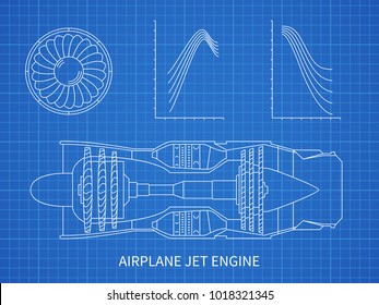 Airplane Jet Engine With Turbine Vector Blueprint Design. Illustration Of Air Engine And Turbine Plan Drawing Blueprint