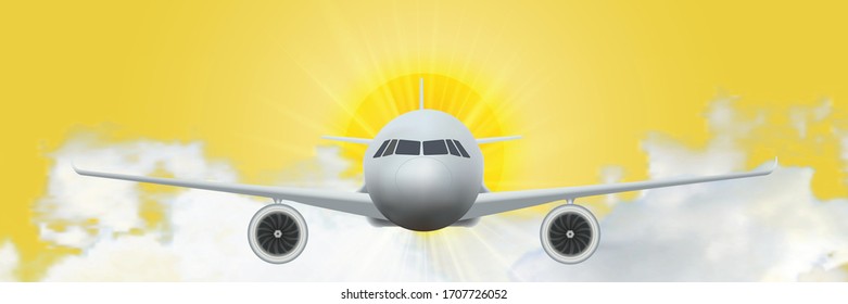 Flugzeug-Jet fliegen auf Flughöhe hoch am Himmel über den Wolken und Sonnenaufgang als Business- und Reisedesign-Konzept. Vektorillustration.