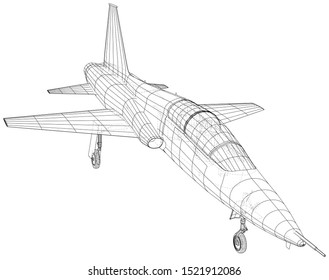 Airplane jet sketch. Vector rendering of 3d. Wire-frame style.