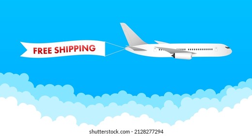 Airplane with label free shipping, E-Commerce, Air Craft. Vector stock illustration.