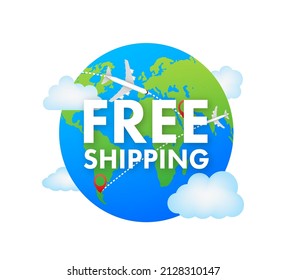 Airplane with label free shipping, E-Commerce, Air Craft. Vector stock illustration.