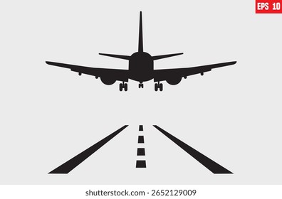 Airplane landing at the airport, back view. commercial air jet liner moving down back view of a jet airplane approaching an airport for landing to airport runway.