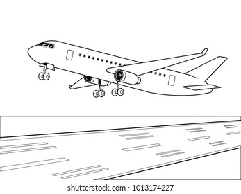 Airplane landing coloring vector illustration. Isolated image on white background. Comic book style imitation.