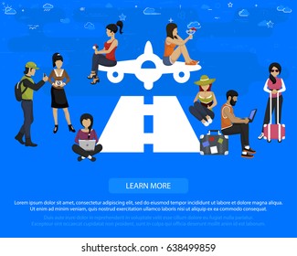 Airplane landing flat vector concept. Illustration of young people tourist near airplane landing large icon.