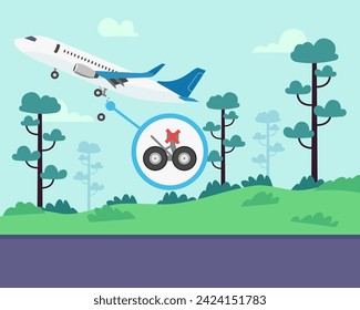 Airplane with landing gear problems vector illustration. Aircraft falling from sky because of damaged landing gear. Violations in construction concept