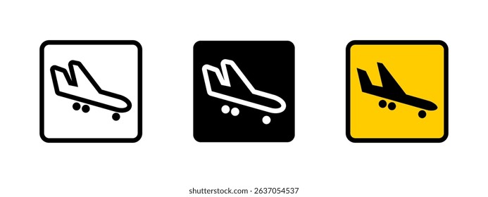Airplane landing icon. Passenger aircraft touching down landing gear deployed vector illustration. Airport arrival and runway approach symbol. Air travel and descent safety sign. Aviation pictogram.
