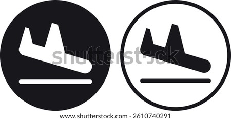Airplane landing icon set in two styles . Plane landing icon . Airport arrival icon . Vector illustration