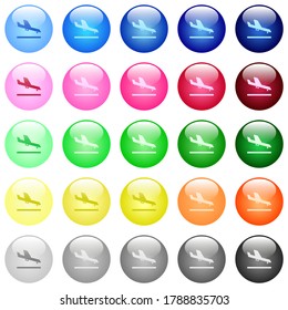 Airplane landing icons in set of 25 color glossy spherical buttons