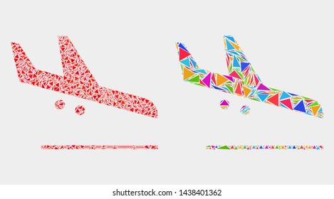 Airplane landing mosaic icon of triangle items which have various sizes and shapes and colors. Geometric abstract vector illustration of airplane landing.