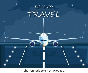 Airplane landing at night Vector flat style. Travel poster advertise