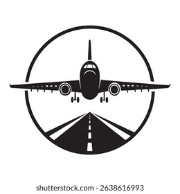 Airplane Landing on Runway—Aviation Logo Icon in Black and White Vector