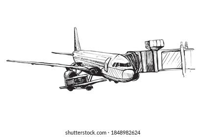 Airplane Landing Park To waiting for passengers ink style - Illustration Hand drawn Sketch -  vector eps10.