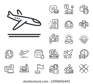 Airplane landing sign. Plane jet, travel map and baggage claim outline icons. Airport arrivals plane line icon. Flight symbol. Arrivals plane line sign. Car rental, taxi transport icon. Vector