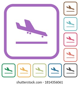 Airplane landing simple icons in color rounded square frames on white background