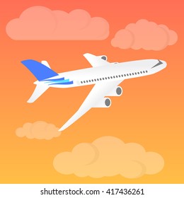 Airplane landing at sunset. Flight of the plane in the sky. Passenger planes, airplane, aircraft, flight, clouds, sky. Vector illustration