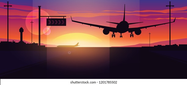 Airplane landing at sunset. Panoramic view of the evening airport