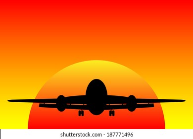 Airplane landing in a sunset - vector illustration.